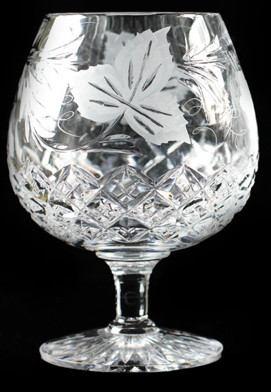 Handmade full lead crystal 20oz brandy glass in our grapevine design