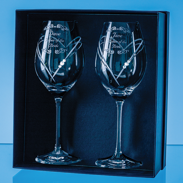 2 Diamante Wine Glasses with Heart Shaped Cutting in an attractive Gift Box