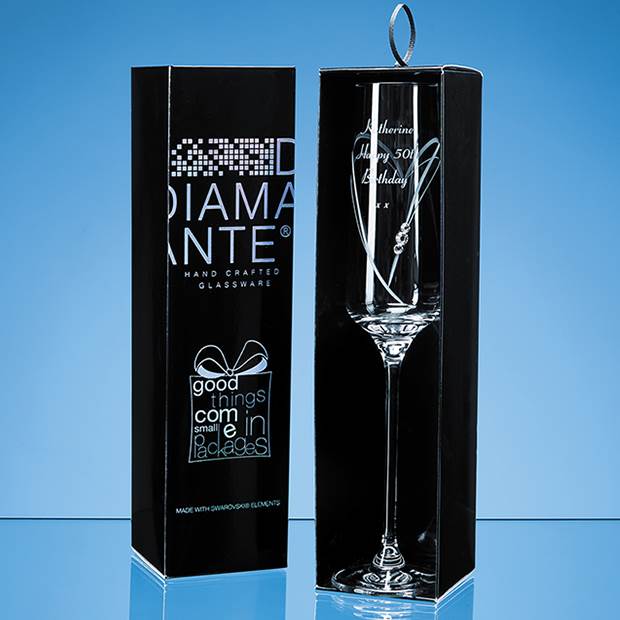 Just For You  Diamante Champagne Flute with Heart Shaped Cutting in an attractive Gift Box