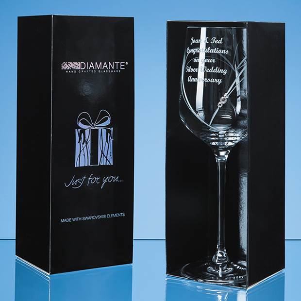 Just For You  Diamante Wine Glass with Heart Shaped Cutting in an attractive Gift Box