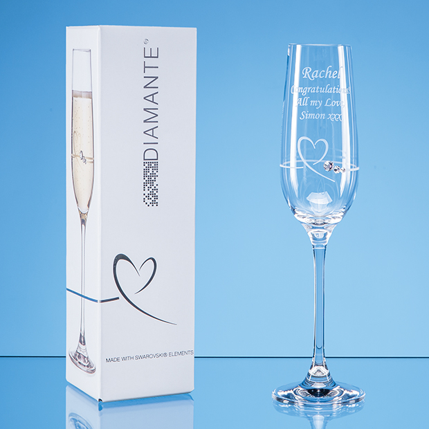 Single Diamante Petit Champagne Flute with Heart Design in an attractive Gift Box