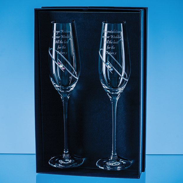 2  His & Hers  Diamante Champagne Flutes with Orbital Design in an attractive Gift Box