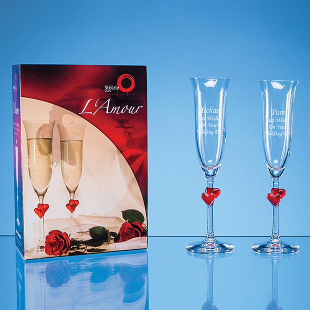 2 L Amour Red Heart Champagne Flutes in an attractive Gift Box