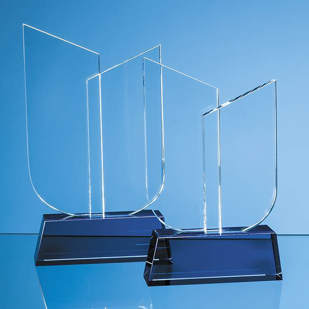 19cm Optical Crystal Double Slope Award on a Sapphire Blue Base